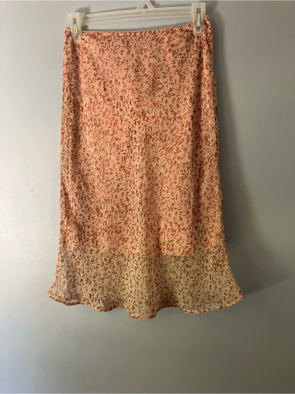 Peach Floral Midi Slip Skirt with Fluted Hem